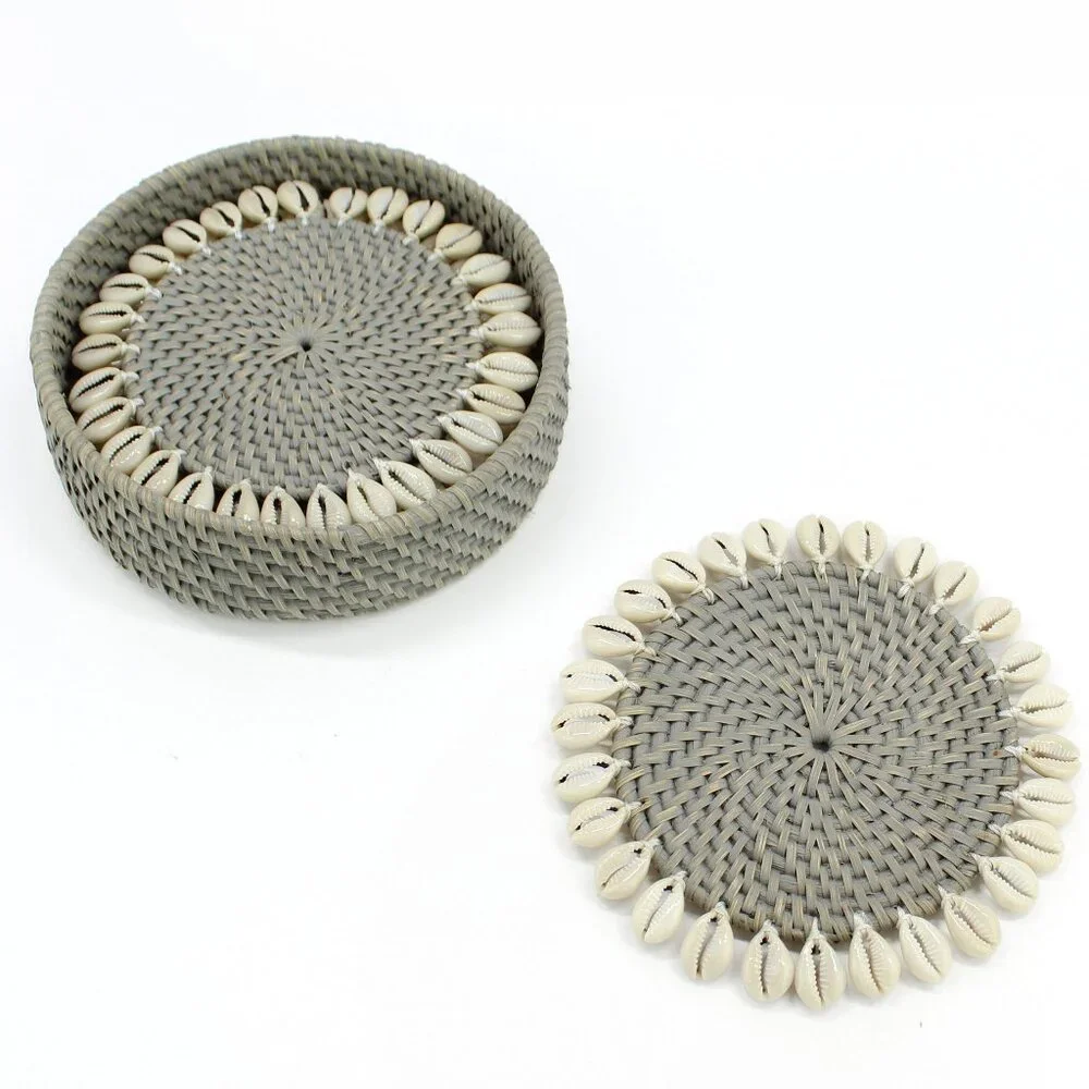 NEW Set of 4-Premium Coasters-Seashell-Trimmed Rattan-Grey-Eco Handcraft